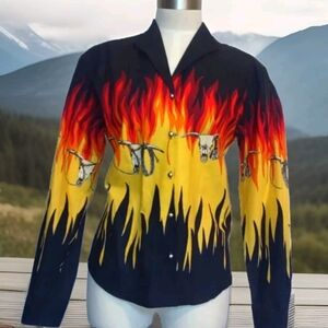 Roper Western Cowgirl Flames and Skulls Button Up Shirt Size Medium Vintage